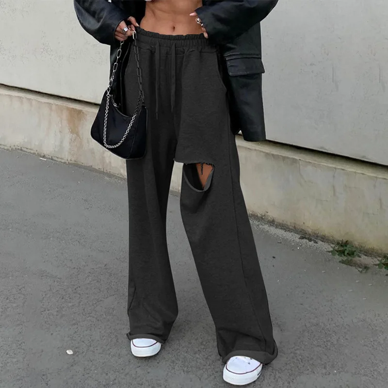 

Hot Sale 2020 Night Club Sexy Long Wide Leg Pants With Holes Drawstring Women Pants Fashion Designer High Street Flare Pants