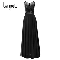 tanpell long scoop evening dress black sleeveless appliques beaded a line floor length gown cheap women party prom evening dress