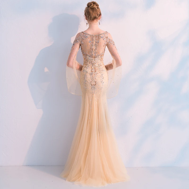 

Elegant Mermaid Mesh Evening Party Gown Lady Qipao Exquisite Bling Sequins Robe De Soiree Sexy Hollow Out Sheath Cheongsam