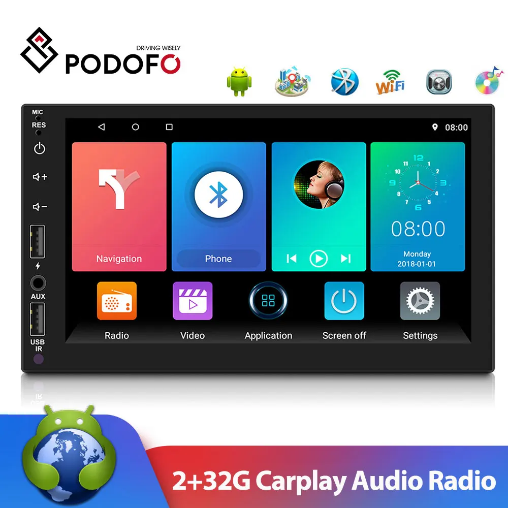 

Podofo Andriod 2+32G 2Din 7'' Car Multimedia Player GPS Navigation Bluetooth Car Audio Wifi USB FM MirrorLink Carplay Radio