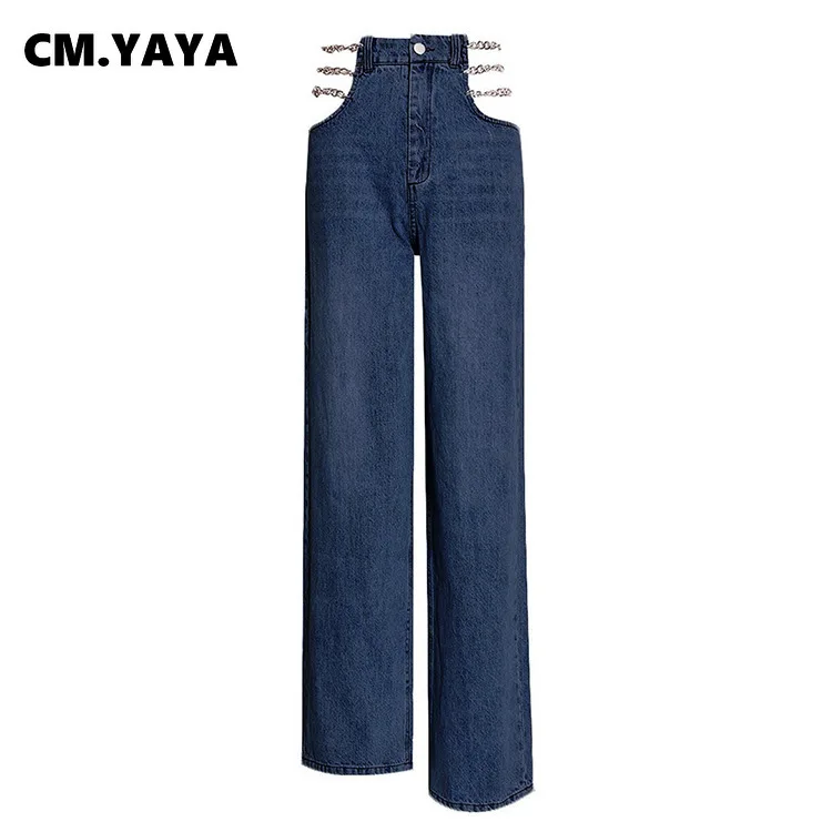 Женские джинсовые брюки CM.YAYA рваные прямые скинни с высокой талией цепочкой и