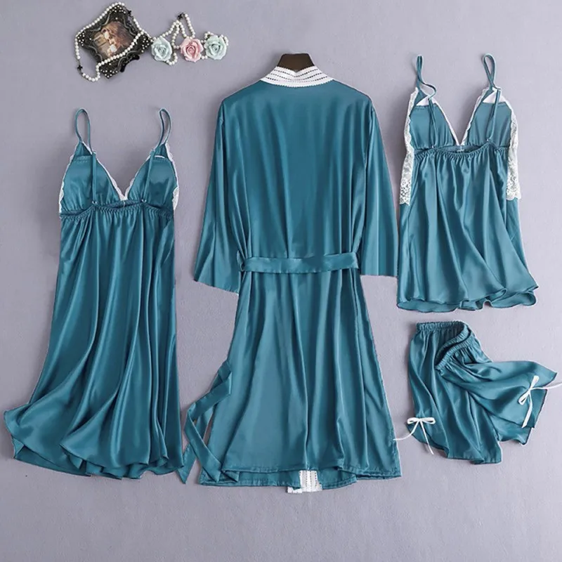 

4 Piece Women Pajamas Sets Silk Satin Lace Robe Sexy Sleepwear With Chest Pads Comfortable Home Wear