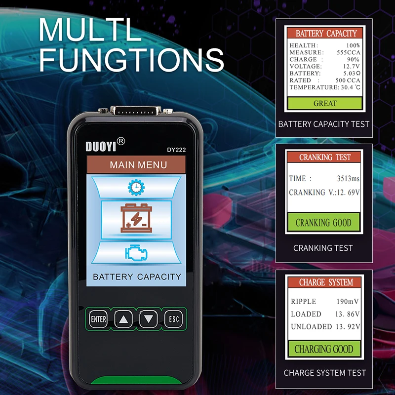 Цифровой автомобильный диагностический анализатор аккумулятора DUOYI DY222 12 В 24