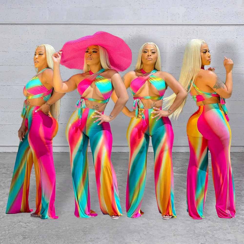 

Echoine Women 2021 Sexy Fashion Tie Band Loose Gradient Printing Suit Cross Lace Up Hollow Out One Piece Drop Shipping