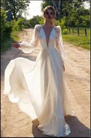 verngo elegant silk chiffon satin evening dress lace long sleeves plunge v neck floor length bride gowns custom formal dress