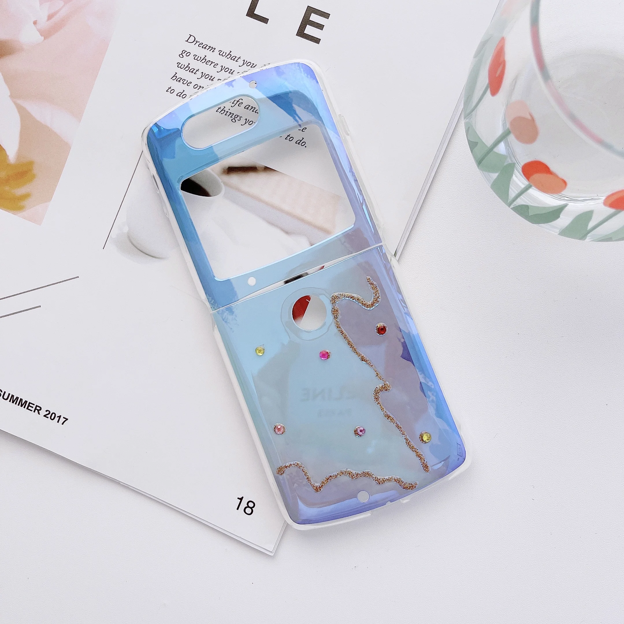 

Motorola watercolor blue light Rhinestone mobile phone protective case For Motorola razr