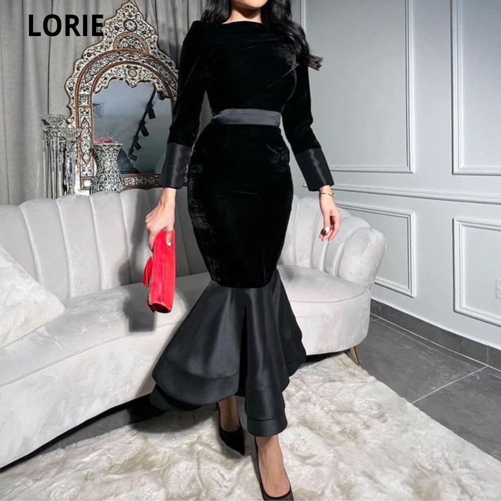 

LORIE Black Velour Long Evening Dress Arabic Long Sleeves Mermaid Formal Dubia Party Dresees Custom Prom Gowns Vestidos De Noche