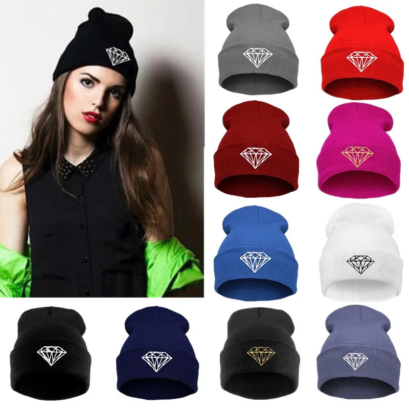 

New Fashion Diamond Beanies For Women Embroidery Skullies Warm Knitted Hat Streetwear Winter Hats Kpop Hat Ski Bonnets For Women