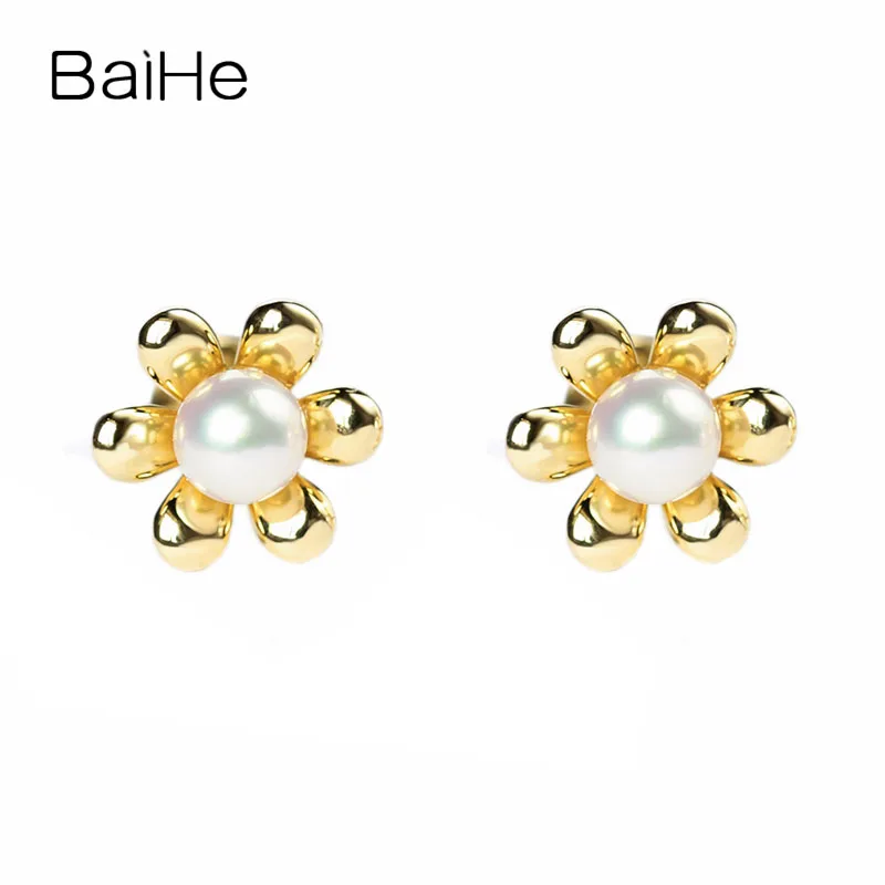 BAIHE Solid 14K желтое золото(AU585) 4-4,5 мм натуральная пресноводная жемчужина свадебные модные ювелирные изделия подарок серьги-гвоздики