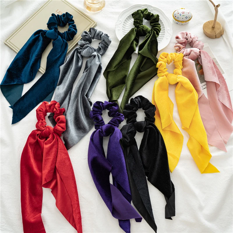 

2021 New Solid Color Women Ponytail Scarf Elastic Hair Bands For Women Hair Bow Ties Scrunchies Hair Ropes Ribbons Hairbands