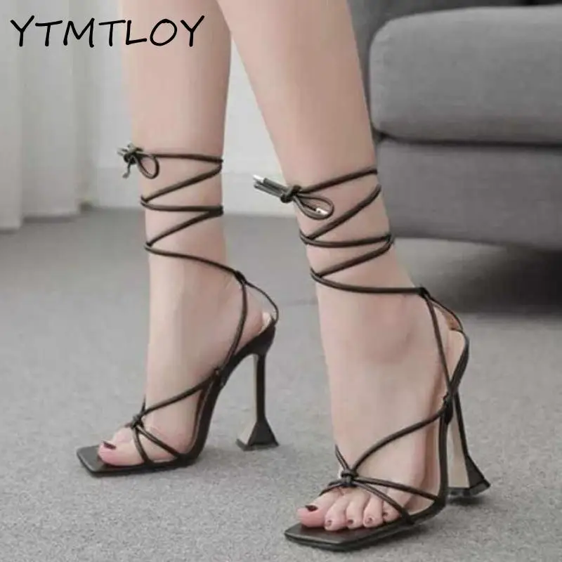 Summer Women's Shoes Sandals Basic Pu Fashion Cross-tied Spike High Heels Lace Party Pump Size 35-43 Black White Apricot | Обувь
