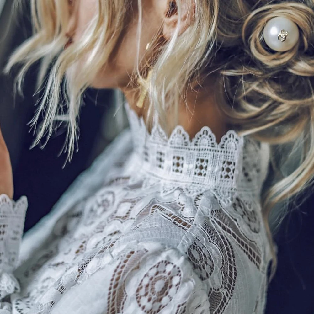 Женская белая кружевная блузка с длинным рукавом и круглым воротником Женский