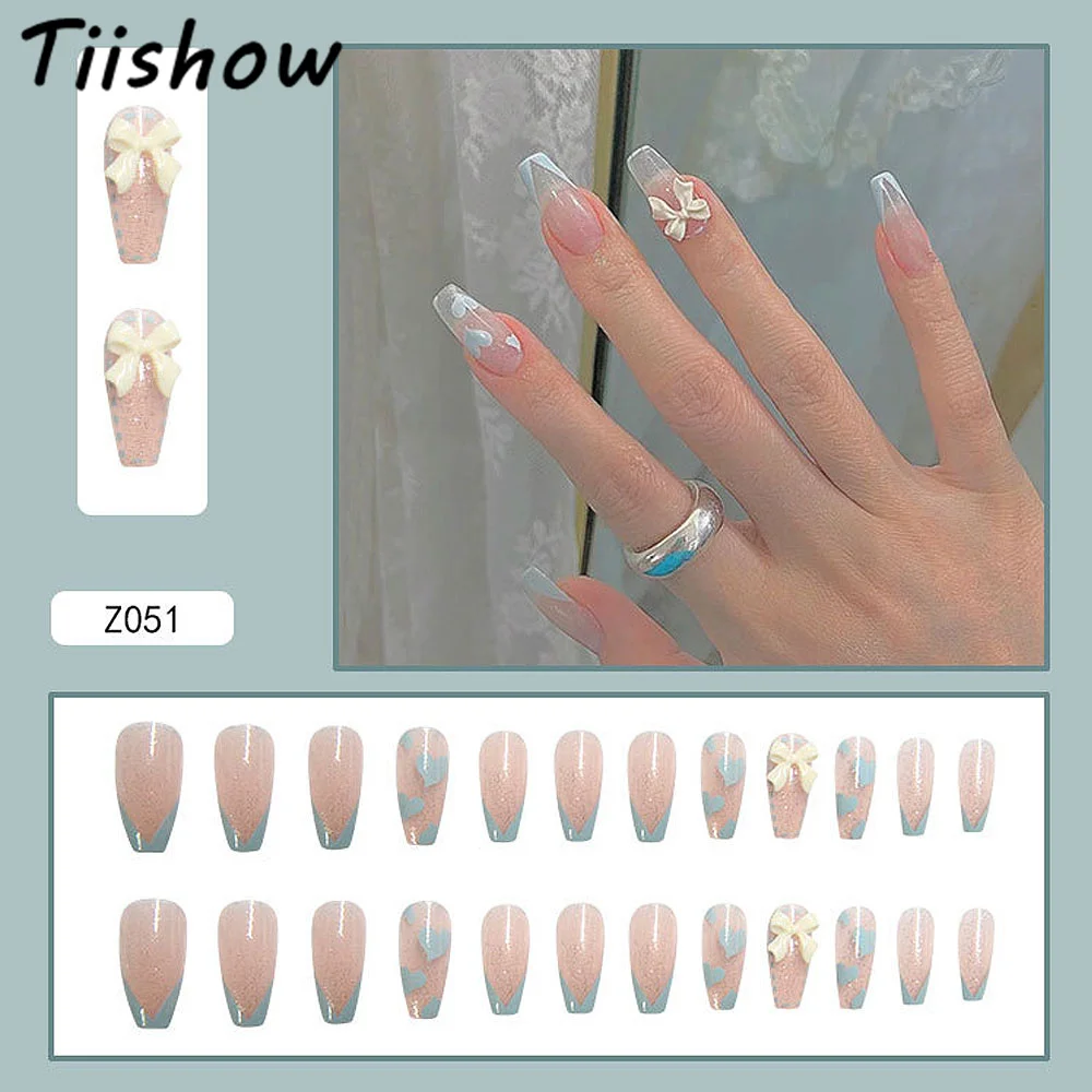 

Tiishow 24pcs Transparent Crystal Bow Long Coffin Fake Nails Tips Full Cover Nail Art False Nails Tips Jelly Gel Manicure Set