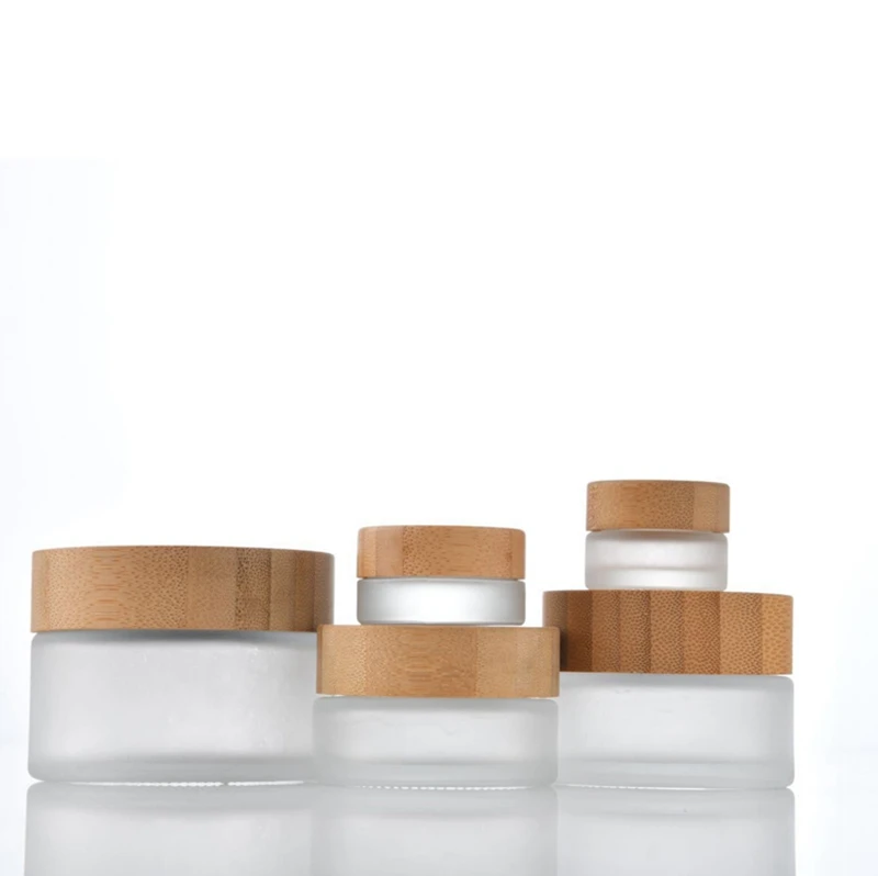 

5pcs/lot 20g 30g 50g Frosted Glass Cream Jars with Bamboo Lid Empty Containers for Cosmetic Packaging