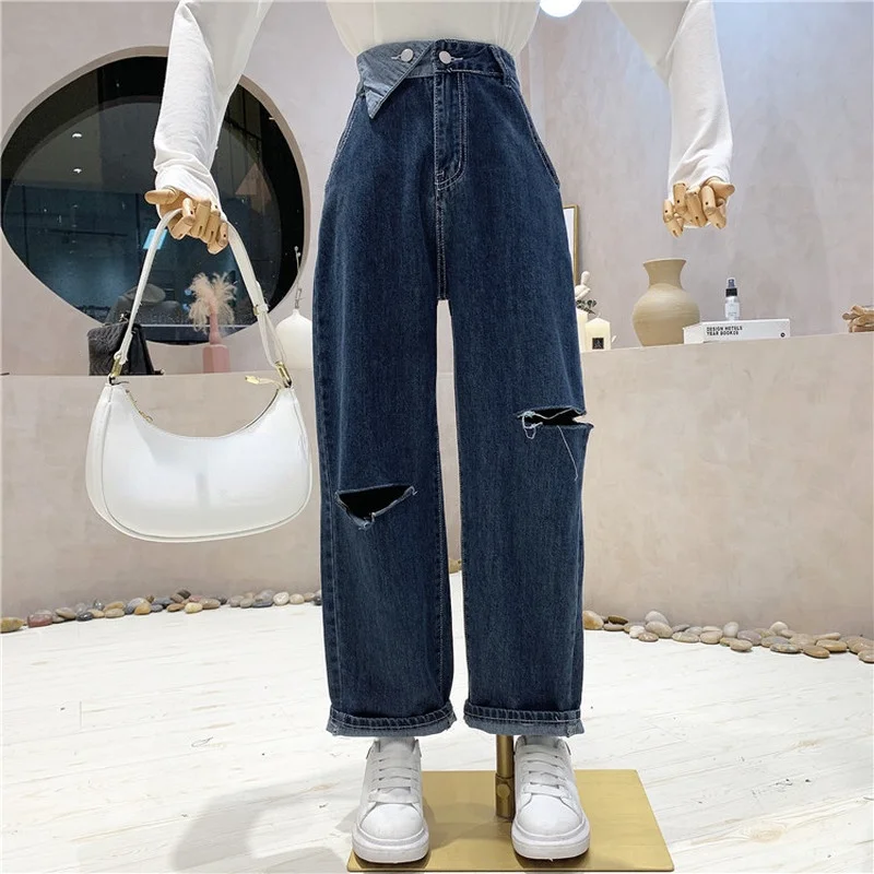 

ZCSMLL Ripped Jeans Women Autumn Winter Fashion 2021 New Korean Style High Waist Loose Nine-point Harem Women Denim Pants