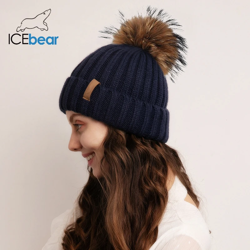 ICEbear женская шапка зимняя вязаная с помпоном натуральный мех рокуна теплая F-2019W010