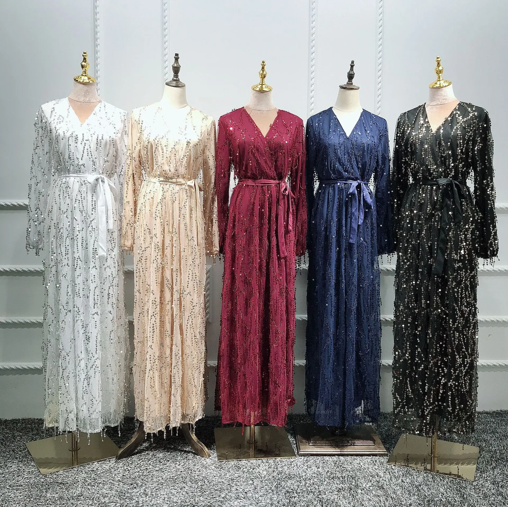 Elegant Muslim Sequins Tops Abaya Tassles Maxi Dress Cardigan Kimono Long Robes Vestidos Middle East Ramadan Eid Islamic Prayer |