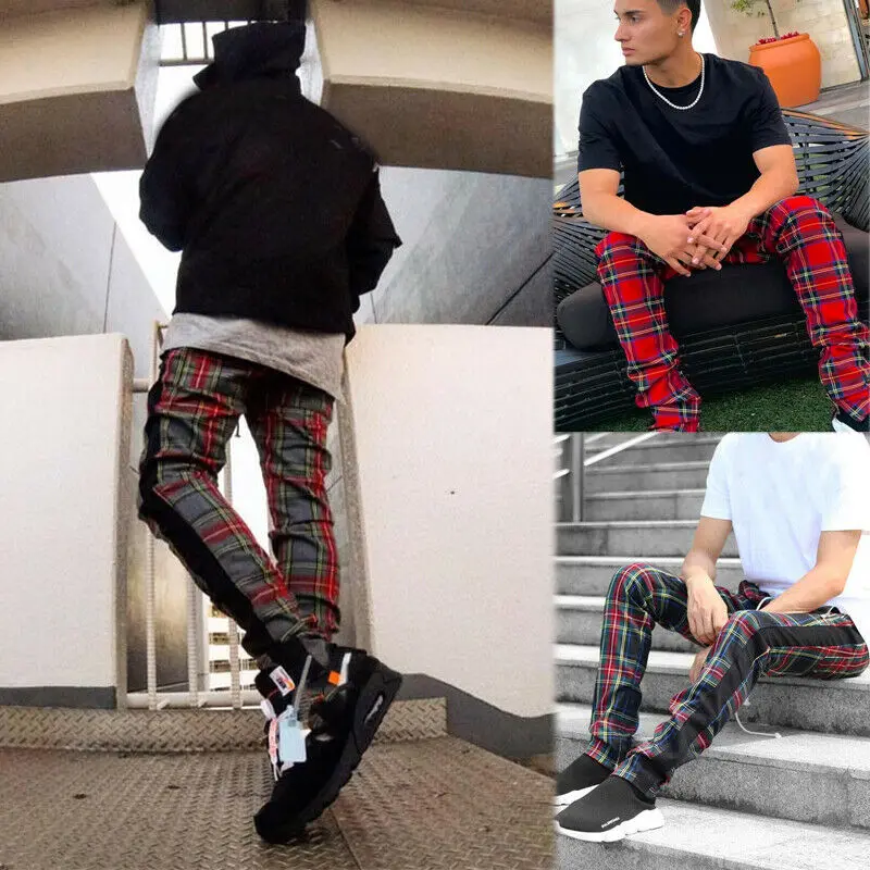 Mens Casual Pants Scotland Plaid Long Trousers Side Zipper Tracksuit Fitness Elastic Cotton Workout Male Modis | Мужская одежда