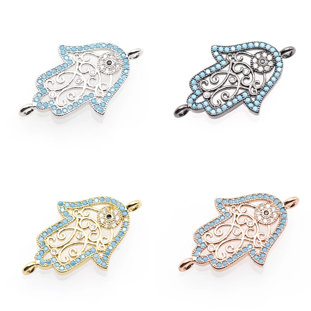 KAMAF 4pcs/pack Handmade DIY Hollow Two-handed Palm Ornament Bracelet Connector Devil Eye Micro-inlaid Zircon | Украшения и