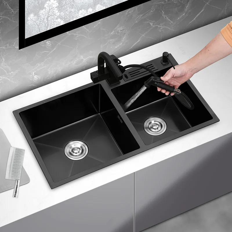

Black Kitchen Sink Stainless Steel Vegetables Drain Hidden Liquid Soap Taps Sinks Bathroom Cocina Accesorio Home Improvement YQ