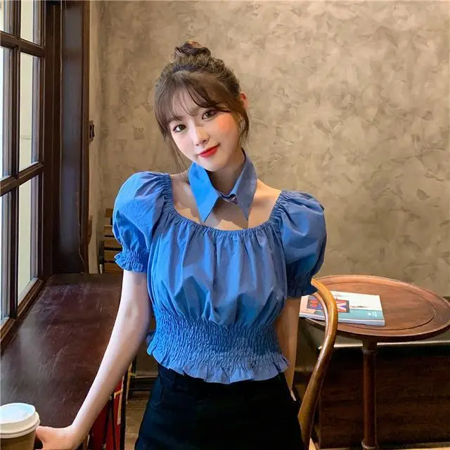 

2021 Summer New Korean Women Solid Color Slim Ruched Blouses Female Casual Short Puff Sleeve Square Collar Crop Shirts Tops L290