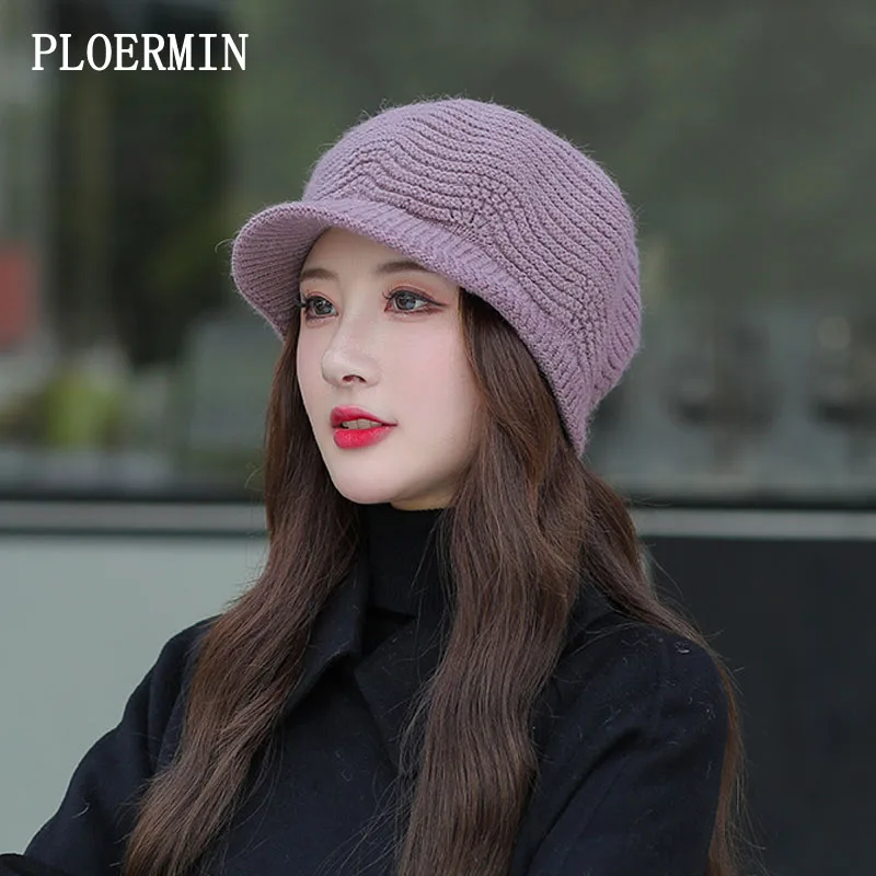 

2021New Fashion Women Thicken Warm Berets Fleece Inside Knitted Hats For Women Rabbit Fur Beanie Cap Autumn Winter Ladies Hat