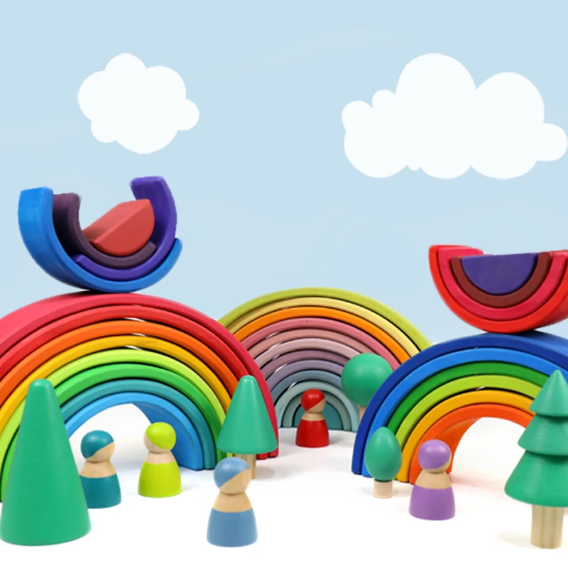 

German rainbow building blocks basswood solid wood small cute big educational toys children to build Montessori ins