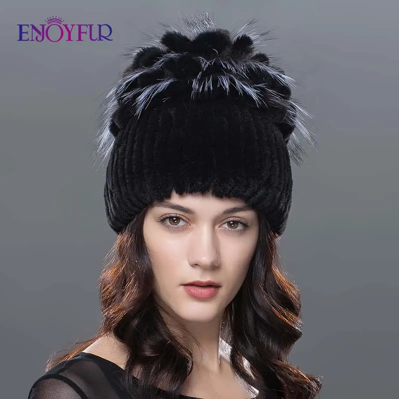 ENJOYFUR зимние шапки из меха кролика Рекс, на толстой подошве, женская теплая Cap top вязаная Цветочная форма русский женская меховая шапка - Цвет: 033