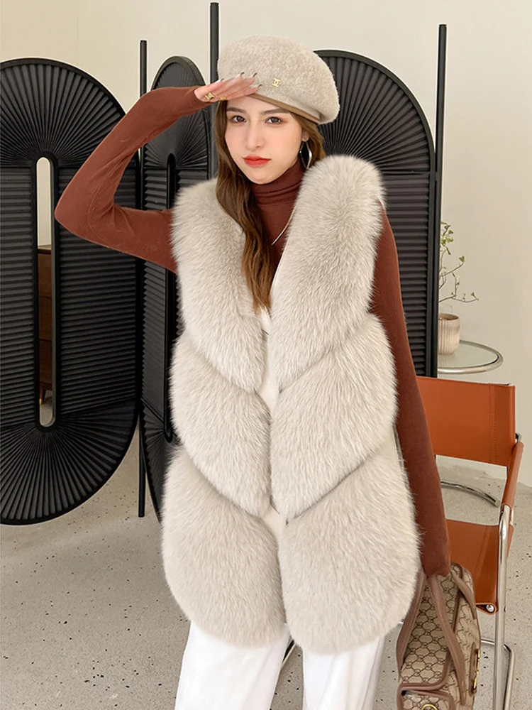 Женский Пушистый Жилет из натурального меха лисы осенне-зимний жилет