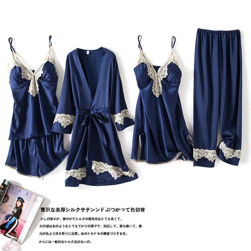 

Summer New 5 Pcs Set Women Pyjama Satin High Quality Sexy Leopard Sleepwear With Chest Pad Pajamas