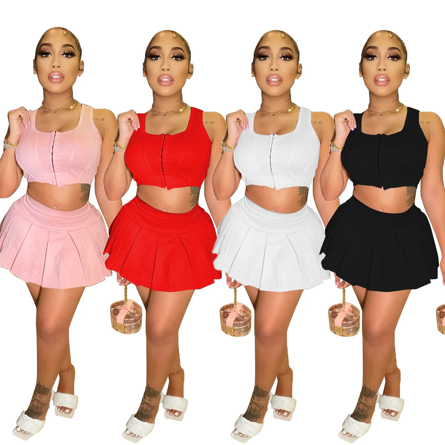 

Women Clothing Sets Summer Skirt Fashion Solid Color Leisure Vest Sports Pleated Skirt Two-piece Suit Lounge Wear Matching Sets