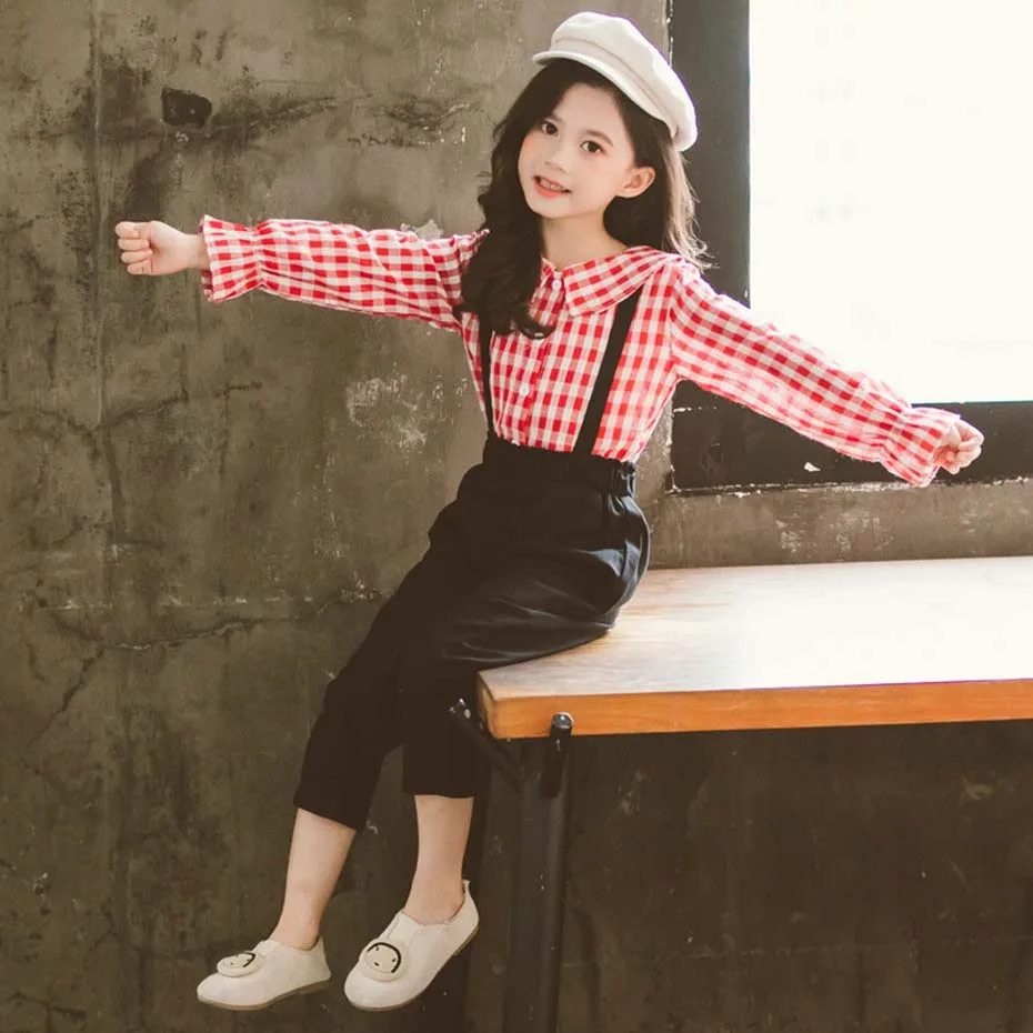 Одежда для девочек клетчатые блузки и комбинезоны костюмы комплект с эластичной