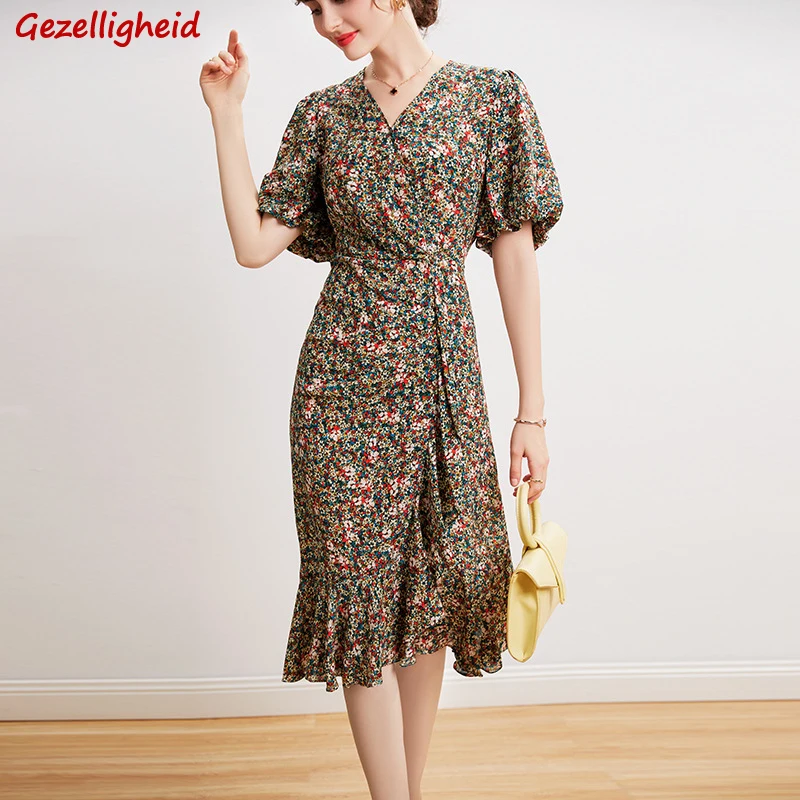 

Gezelligheid Dresses For Women 2021 New Fashion Elegant Casual Slim Vintage Floral Summer Clothes 100% Natural Silk Midi Dress