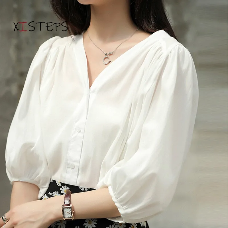 Summer V-neck Chiffon Blouses For Women 2021 Fashion Puff Sleeve V-neck Shirts Pink Blue White Tops Streetwear Clothes Plus Size