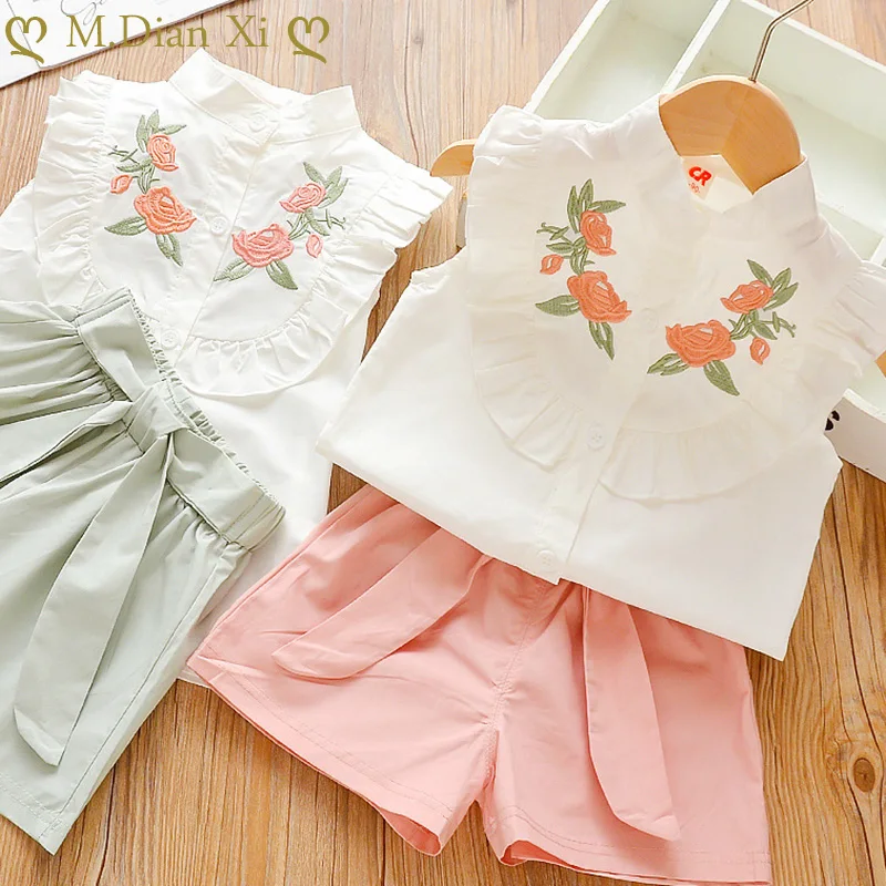 Костюмы для девочек лето 2019 красивый детский костюм с цветочным принтом рукавами