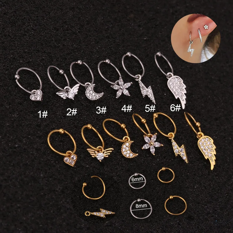 

1Pc Angel Wimgs Cz Nose Hoop Nostril Ring Flower Helix Cartilage Tragus Earring 6/8mm Cz Cartilage Huggie Hoop Earring Jewelry