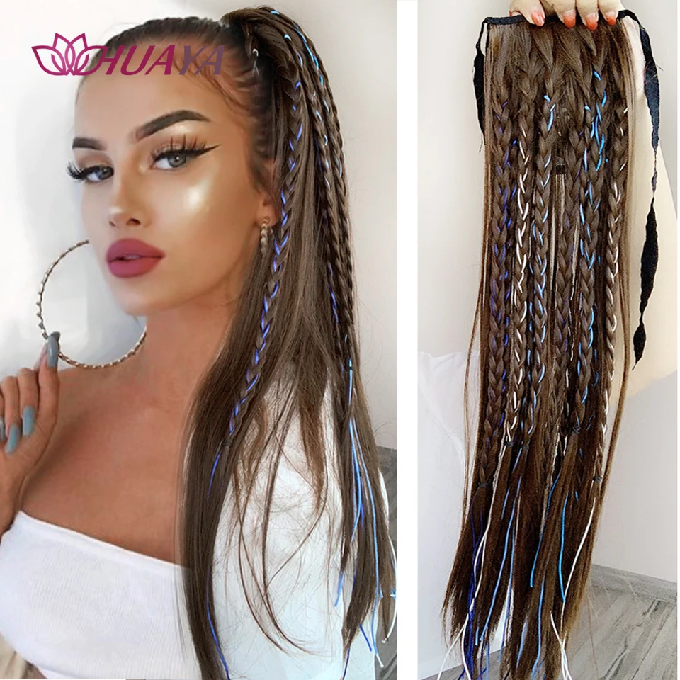 

HUAYA Braided Hair Clip In Tail False Hair Ponytail Hairpiece With Hairpins Synthetic Long Straight Pony Tail Hair Extensions