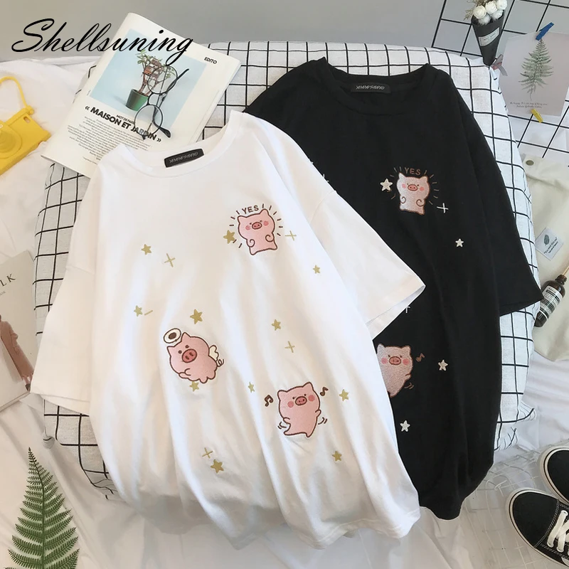 Shellsuning Kawaii Pig Start женская футболка с принтом из мультфильма Летняя Повседневная