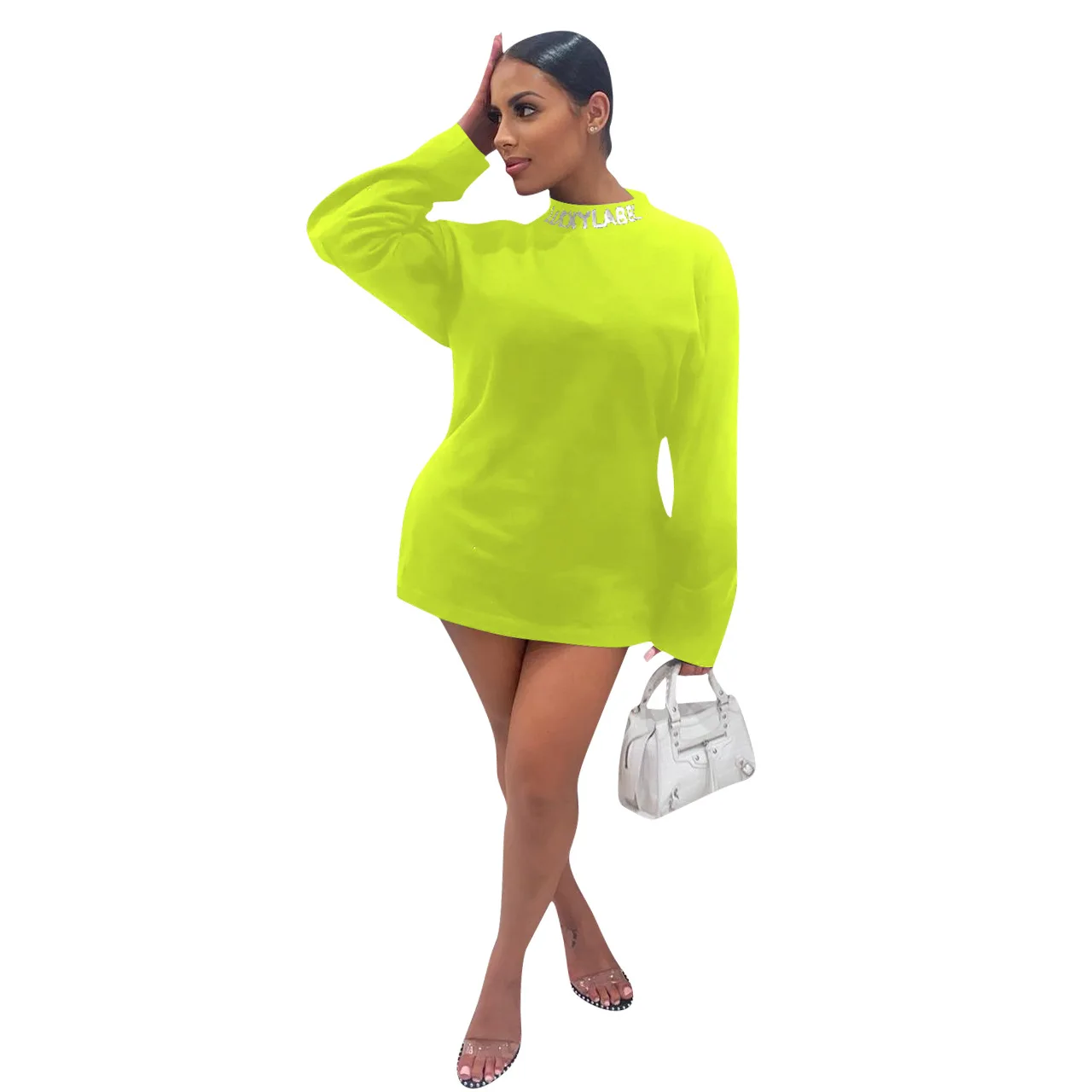 

Autumn Fashion Wumen Letter Sexy Long Sleeve Mini Dresses Neon Green Turtleneck Loose Pullover T-shirt Dress Ladie Casual Wear