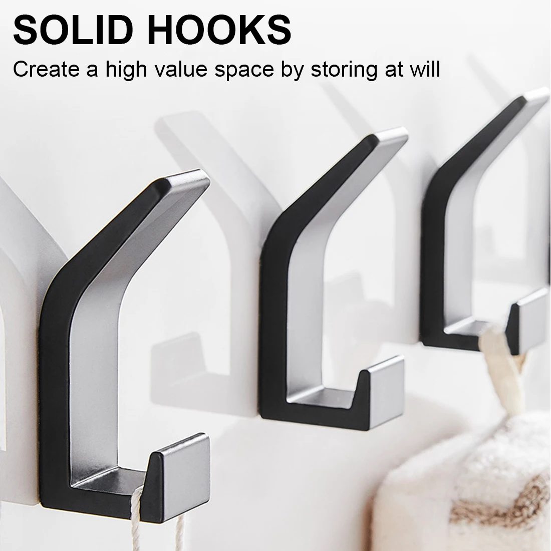 

No Drilling Double Hook Black White Towel Hook For Bathroom Clothes Coat Hook Bedroom Robe Hook Livingroom Kitchen Accessories