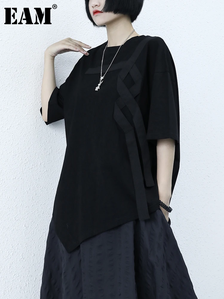 

[EAM] Женская Черная Асимметричная трикотажная Повседневная футболка с круглым вырезом и коротким рукавом, модная весенне-летняя 2021 1DE0760