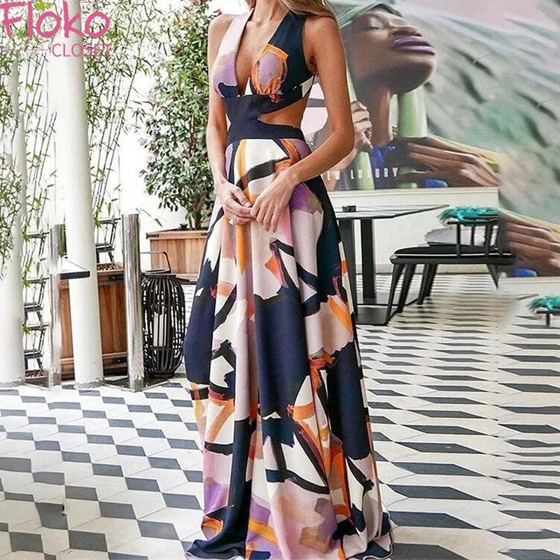 

Flokocloset Spaghetti Strap Print Hollow Out Elegant Floor-Length Maxi Dress Summer V-Neck Party Club Long Dresses