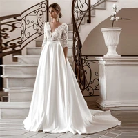 quarter sleeves lace top a line satin wedding dress elegant v shape back bridal gowns new spring 2021 ladies wedding wear