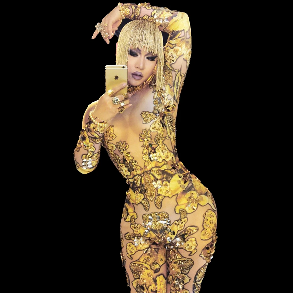 Женский комбинезон со стразами и золотыми блестками | Тематическая одежда