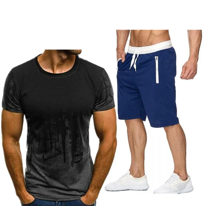 

3D Men's Summer Sets Shorts + Short Sleeve T shirt Men Beach Shorts Tee Male Tracksuits Elastic waist Shorts homme Solid color
