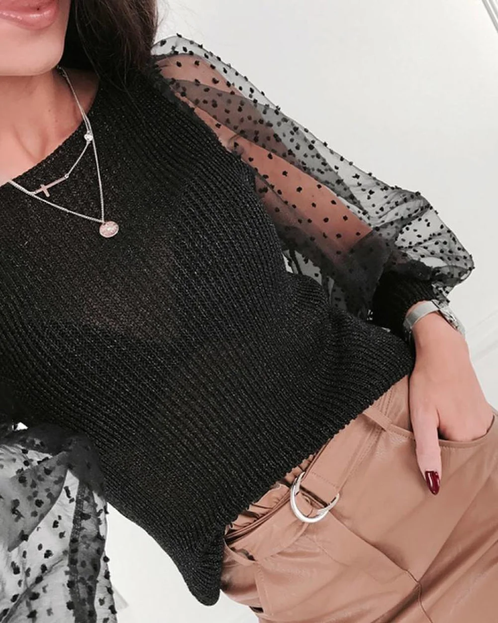 Трикотажный сетчатый пуловер с пышными рукавами и круглым вырезом Осенний