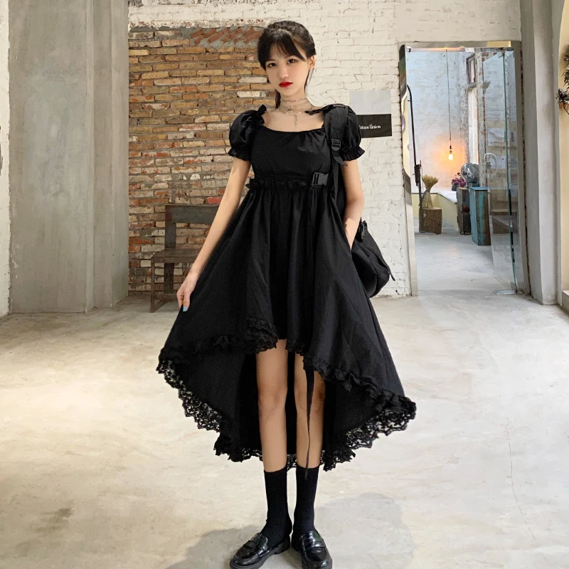 

Summer Square Collar Women Dress Short Sleeve Solid Color Long Black Dresses Female Casual Clothes 2021 Irregular Vestidos