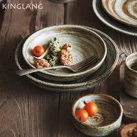 kinglang japanese style retro ceramic rice bowl round dish dinner plate tableware swallow salad food plate wholesale rust dish