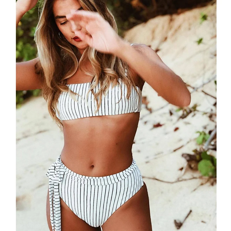 2019 White Striped High Waist Bikini Women Swimwear Two Pieces Swimsuit Push Up Set Bandeau Bathing Suit Beachwear Swim | Женская одежда
