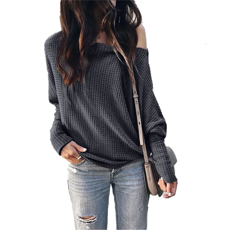 Dark grey Новинка года; сезон осень-зима; модная Свободная Женская одежда с наклонным плечом; футболка с длинными рукавами «летучая мышь»; топы - Цвет: Dark grey